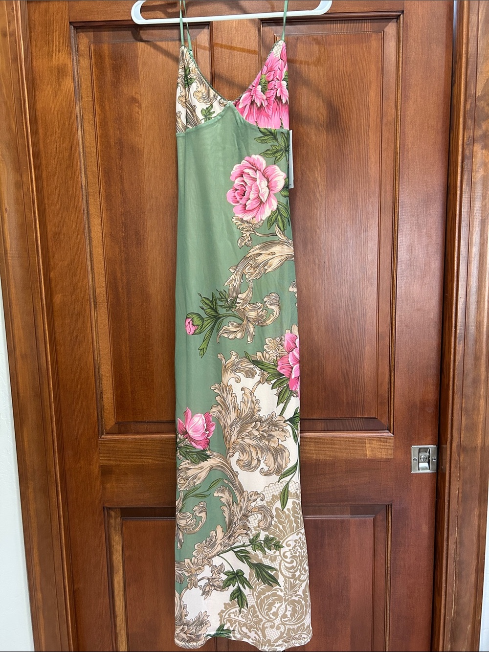 Tiger Mist Green Slip Dress with Pink Floral Print